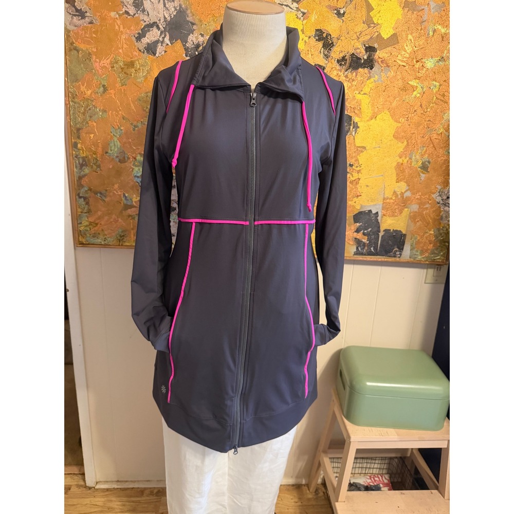Athleta Spinnaker Sun XL Gray Pink Piping Full Zip Longline Athletic